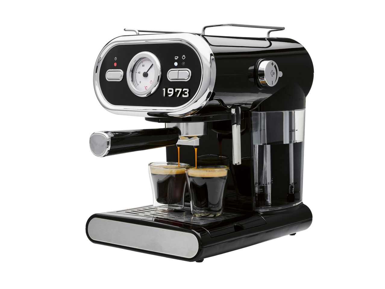Black and chrome espresso machine with two glasses of coffee brewing
