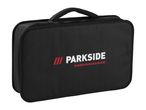 Black carrying case with a handle and a white and red logo.
