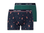 Zwei Boxershorts, eine dunkelblau mit Rentier-Muster, die andere grün, beide mit „HAPPY SHORTS“ Bund.
