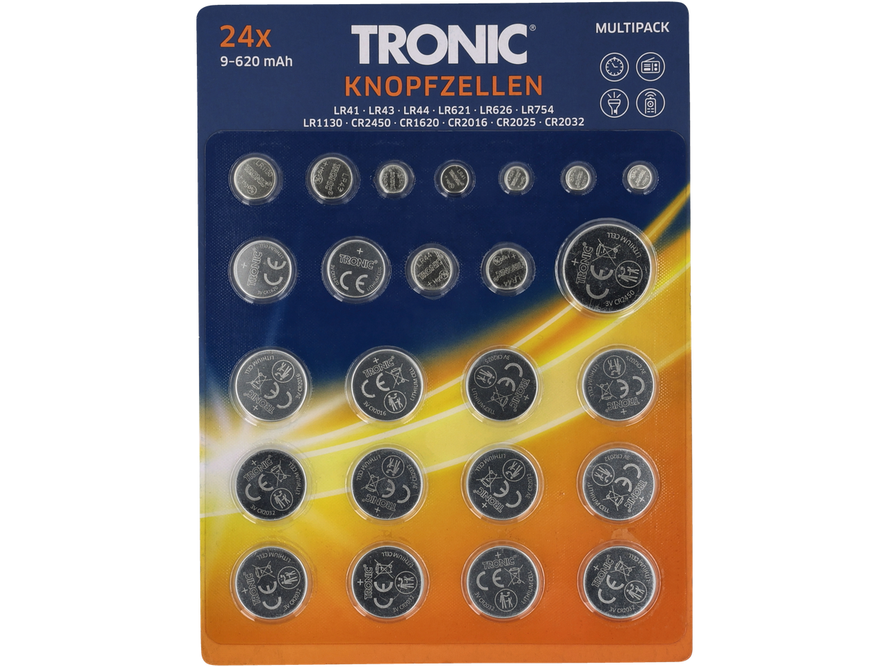Eine Karte mit 24 TRONIC Knopfzellenbatterien mit 9-620 mAh.