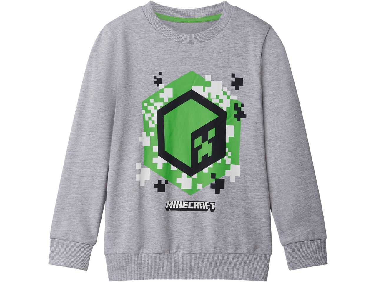 Gray long-sleeved Minecraft sweatshirt with a green and black Creeper logo