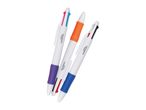 Three Crelando four-color ballpoint pens in purple, orange, and blue grips.
