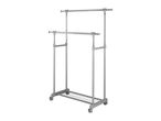 Adjustable double rail garment rack with a bottom shelf and wheels