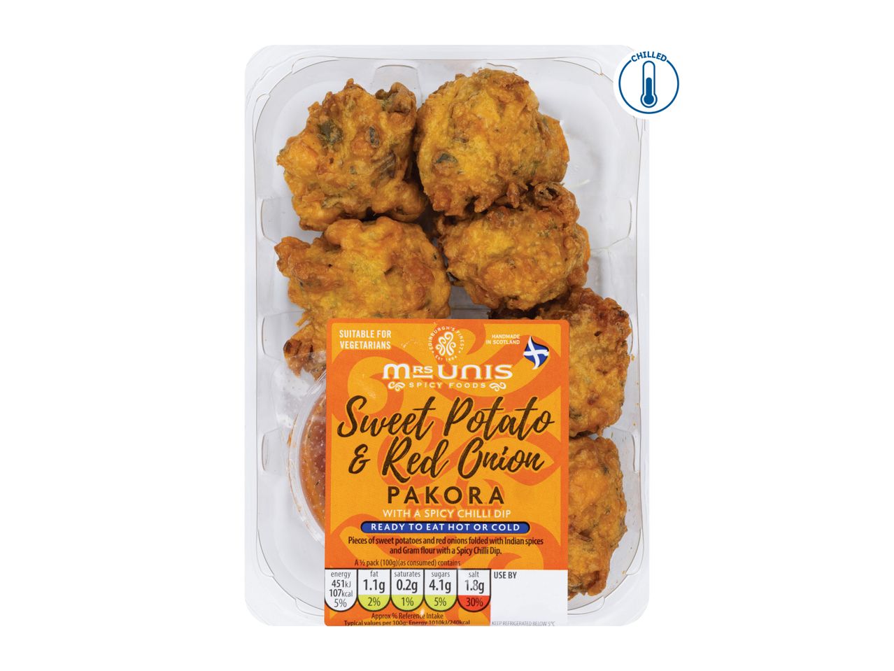 Sweet potato and red onion pakora with a spicy chili dip, ready to eat hot or cold.