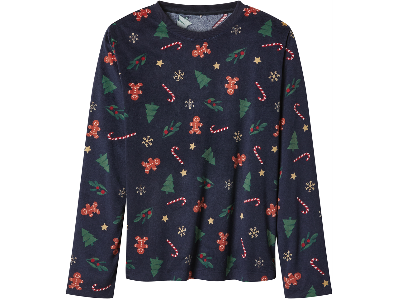 esmara® Kids' Christmas Velour Pyjamas: navy long-sleeved top with gingerbread men, candy canes, and Christmas trees.