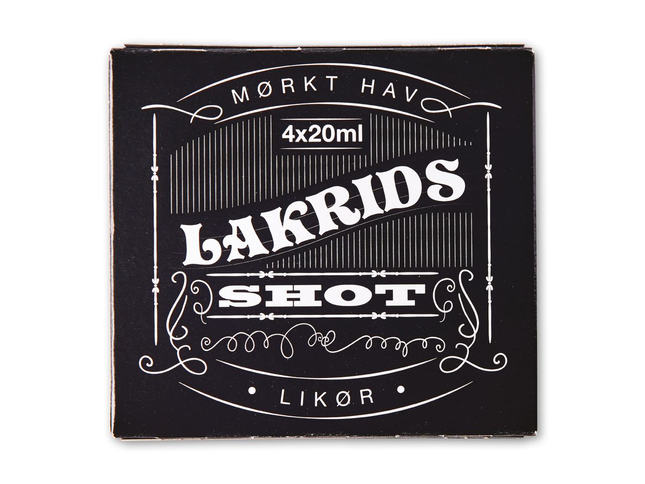 Sort lakridsshot-pakke med hvid skrift, der angiver 'MØRKT HAV', 'LAKRIDS SHOT' og 'LIKØR', 4x20ml.