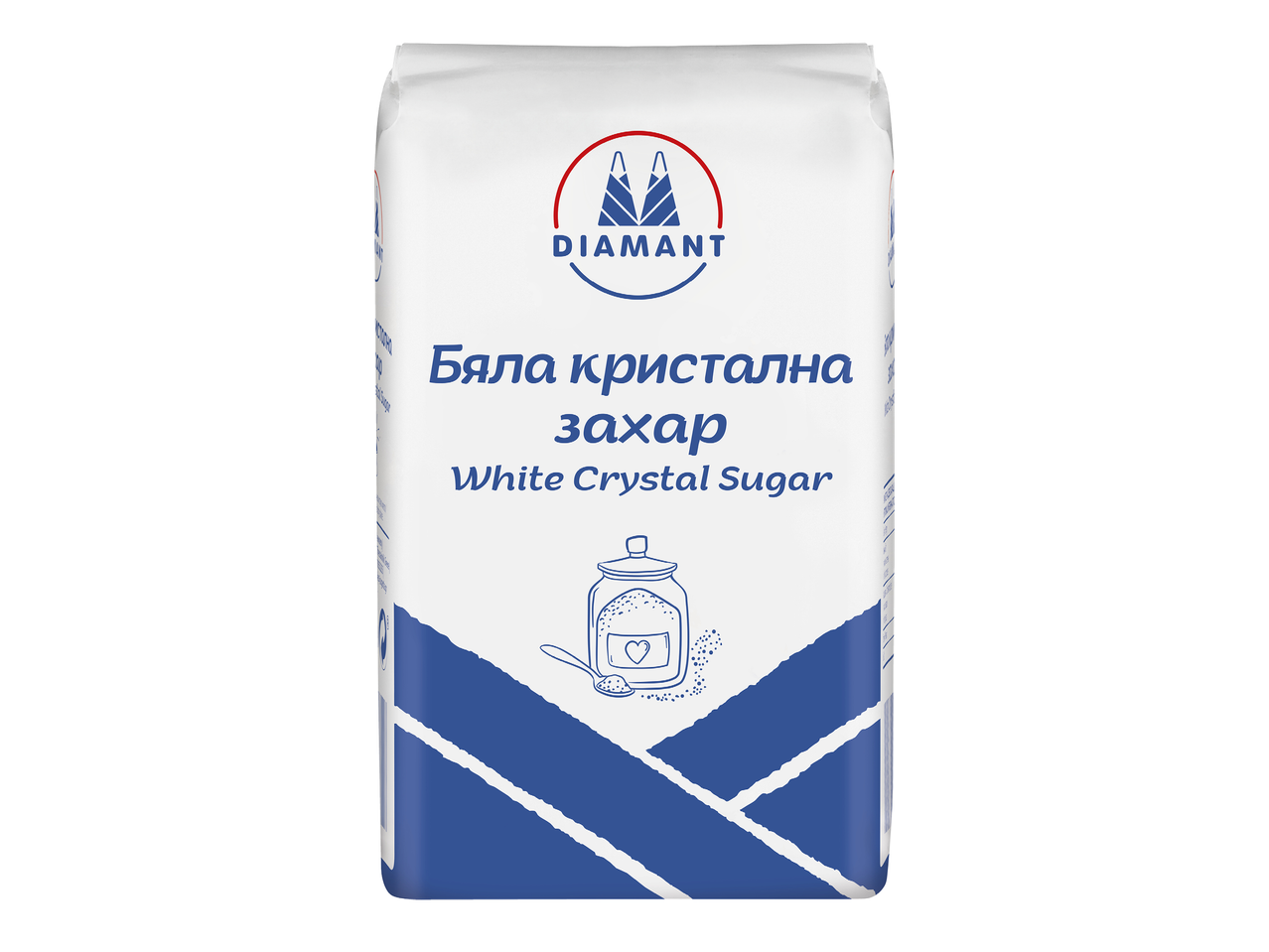 Бяла кристална захар в опаковка с илюстрация на буркан със захар и лъжичка.