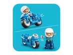 Blue toy police motorcycle with a police officer figure, shown riding and standing.