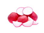 Whole and sliced radishes with bright red skin and white flesh.
