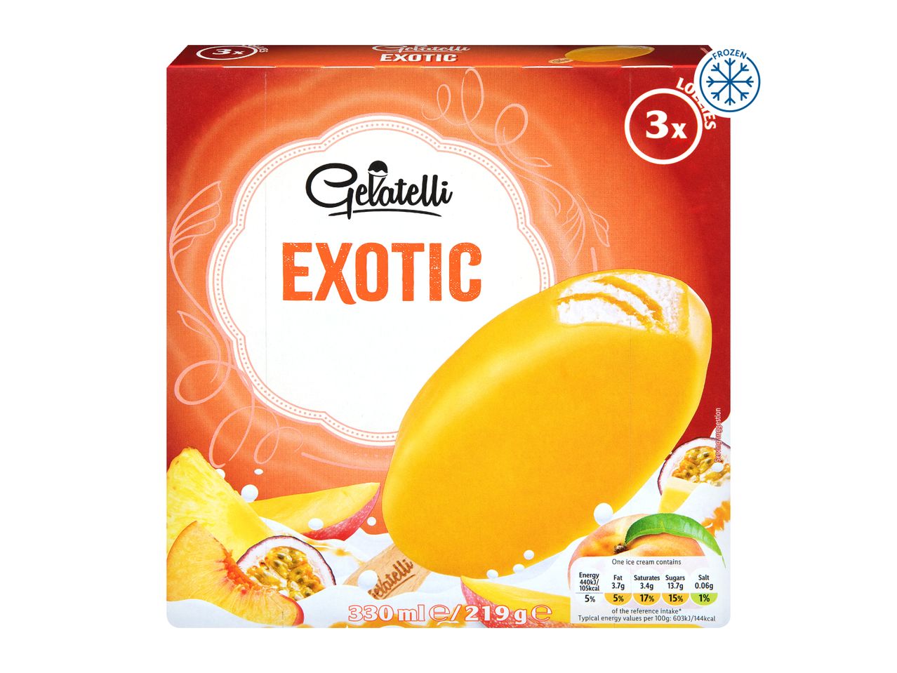 Box of 3 exotic fruit ice cream lollies, with mango, peach, and passion fruit.