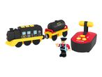 Toy train set with a black and yellow locomotive, a tanker car, a conductor figure, and a red and black remote control.