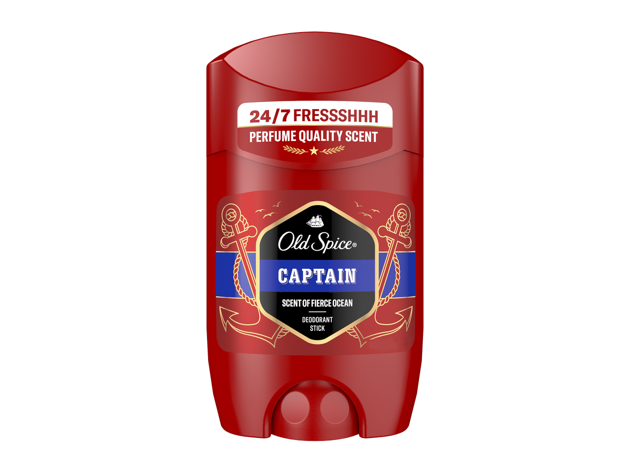 Deodorant stick roșu cu etichetă maritimă, cu textul '24/7 FRESSSHHH PERFUME QUALITY SCENT'.