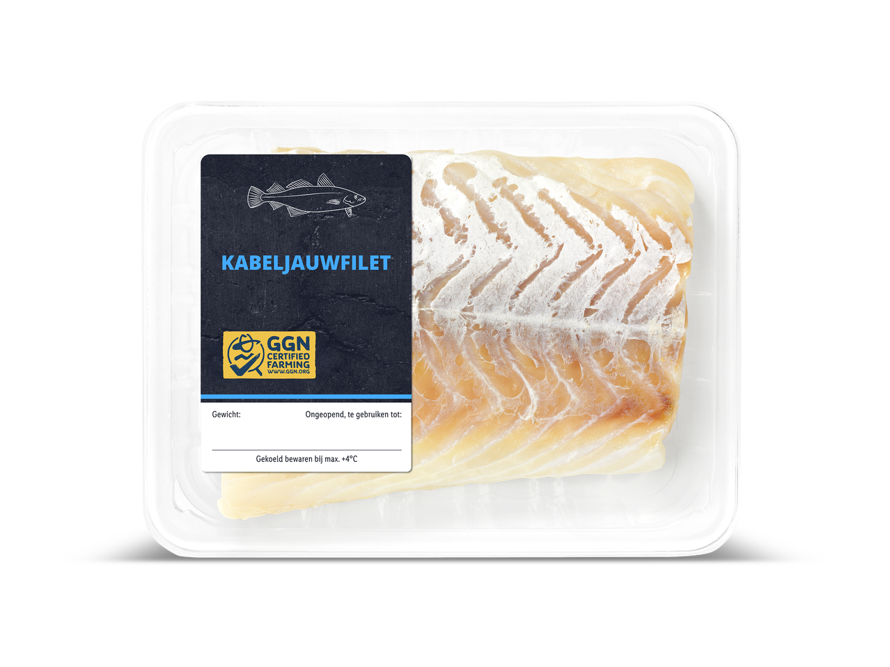 Kabeljauwfilet in een plastic verpakking met een GGN Certified Farming-label.
