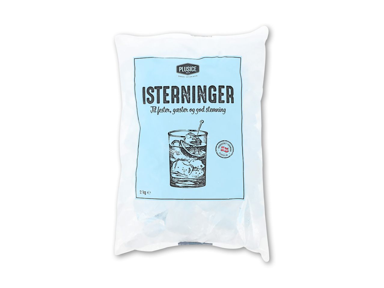 En pose isterninger med en illustration af et glas med is og en citronskive.
