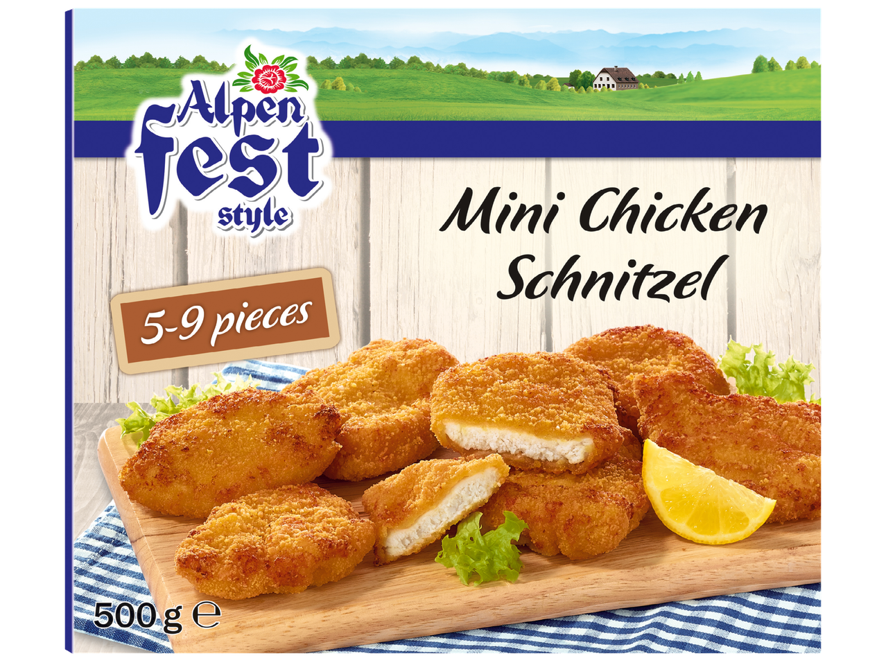 Alpen Fest Mini Chicken Schnitzel förpackning med 5-9 bitar och 500g.