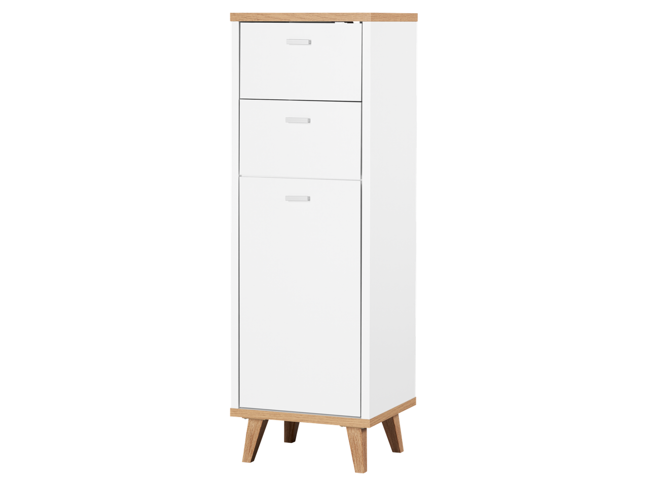 LIVARNO tall white cabinet with two drawers and a door, featuring wooden top and legs