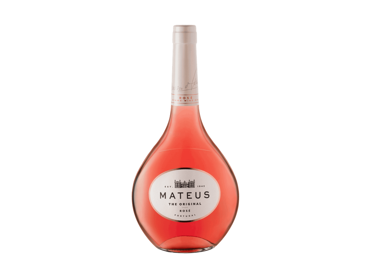 Una bottiglia di vino rosato con un'etichetta bianca che mostra un edificio e il testo 'THE ORIGINAL ROSÉ PORTUGAL'.