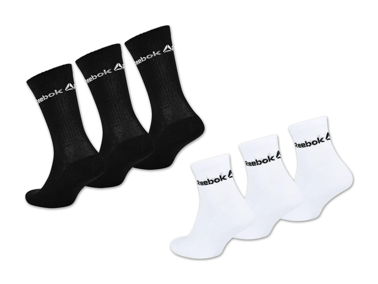 Reebok Socken: 3 Paar schwarze und 3 Paar weiße Socken mit Reebok-Logo