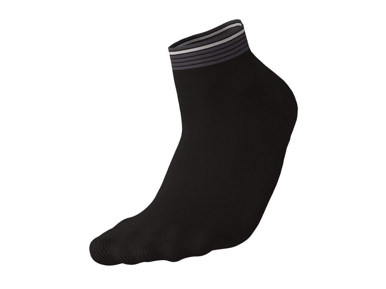 A black ankle sock with grey stripes at the top.