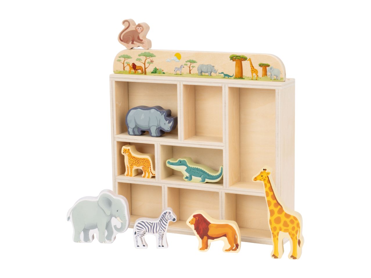 Wooden safari animal toy set with a display shelf, including a monkey, rhino, cheetah, crocodile, elephant, zebra, lion, and giraffe.