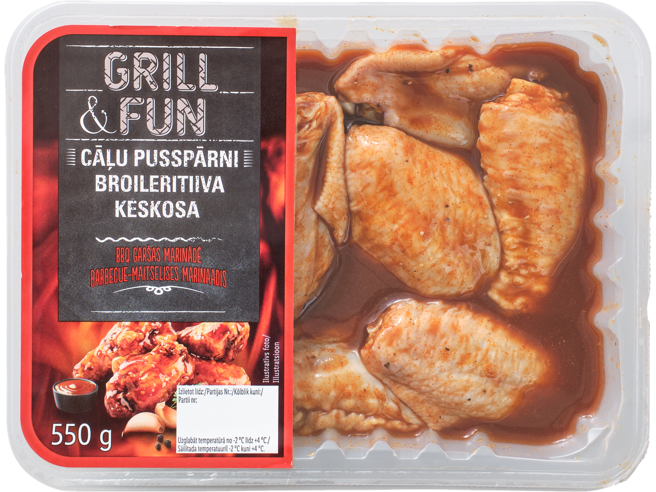 GRILL & FUN cāļu spārnu vidusdaļas BBQ marinādē, 550g