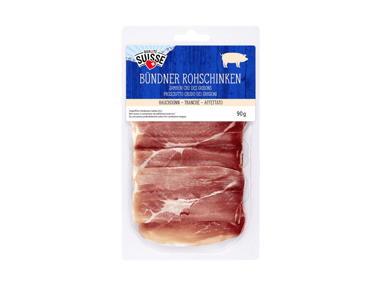 Prosciutto crudo dei Grigioni confezionato, affettato sottile, 90g.