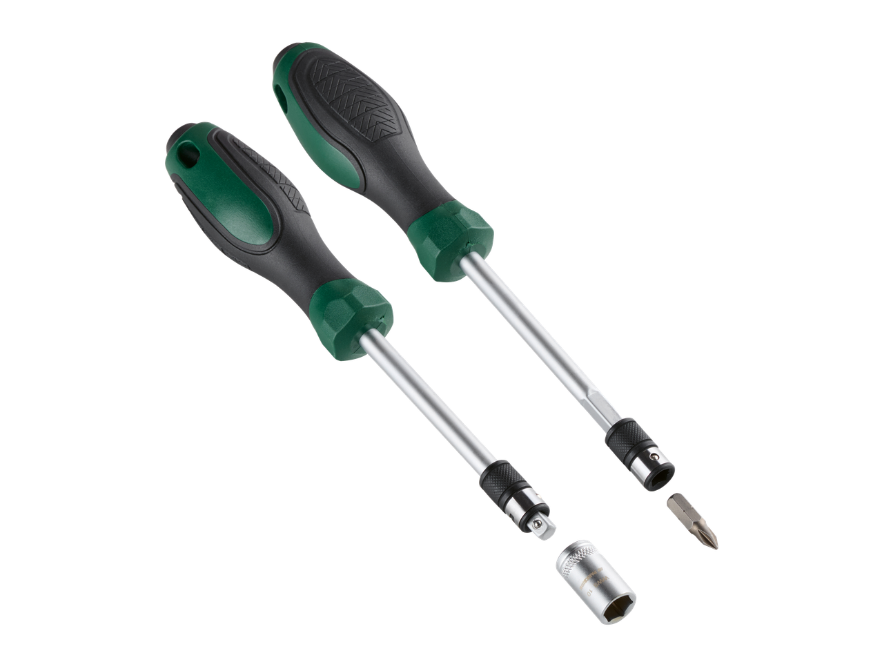 Duas chaves de fenda PARKSIDE com cabos verdes e pretos, uma com ponta intercambiável e outra com adaptador de soquete.