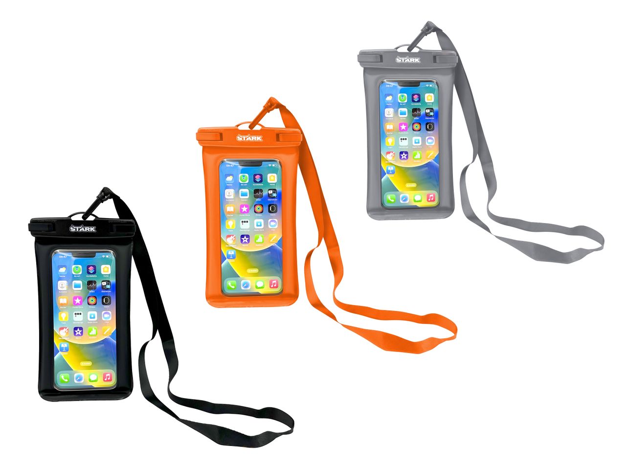 Drei wasserdichte Smartphone-Hüllen in Schwarz, Orange und Grau mit Umhängebändern.