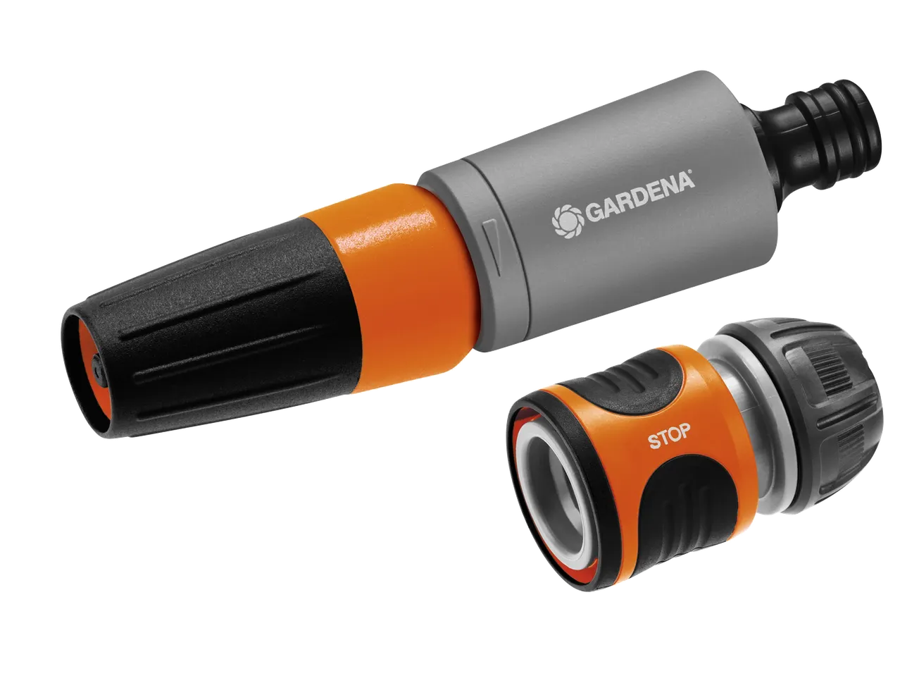Lance d'arrosage et raccord de tuyau orange et gris avec la mention « STOP ».