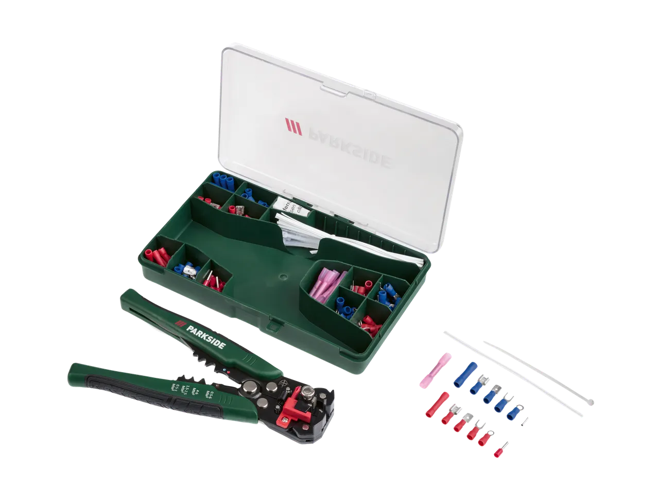 Desencapador de fios automático PARKSIDE® com caixa de conectores elétricos e abraçadeiras.