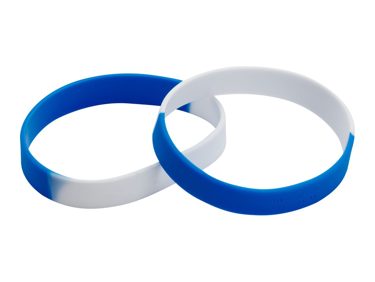Two blue and white silicone wristbands, one overlapping the other.