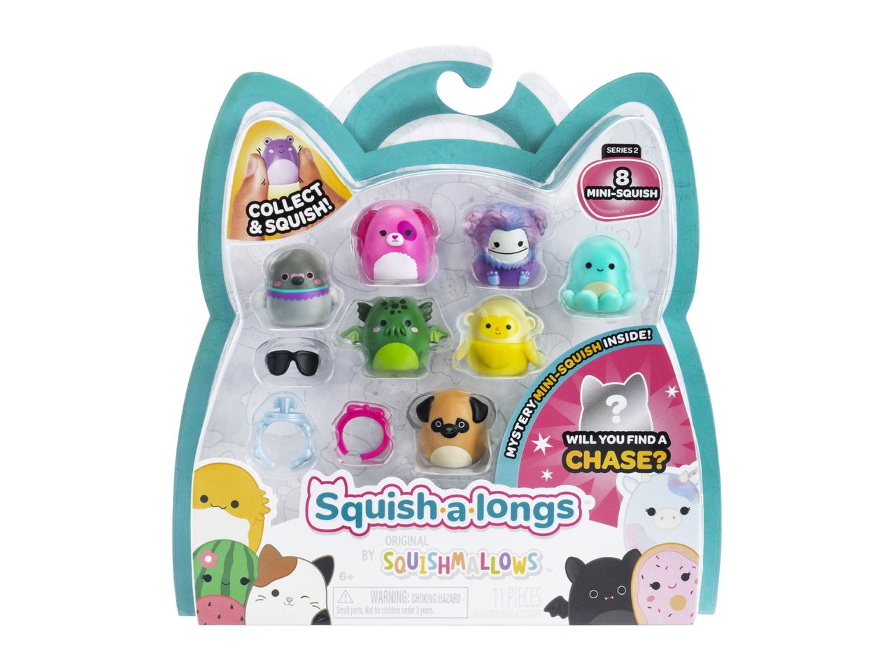 A pack of 8 mini squishy toys with accessories, featuring various animal and monster characters.
