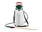White garden pressure sprayer with a red handle, green funnel, and a long spray wand.