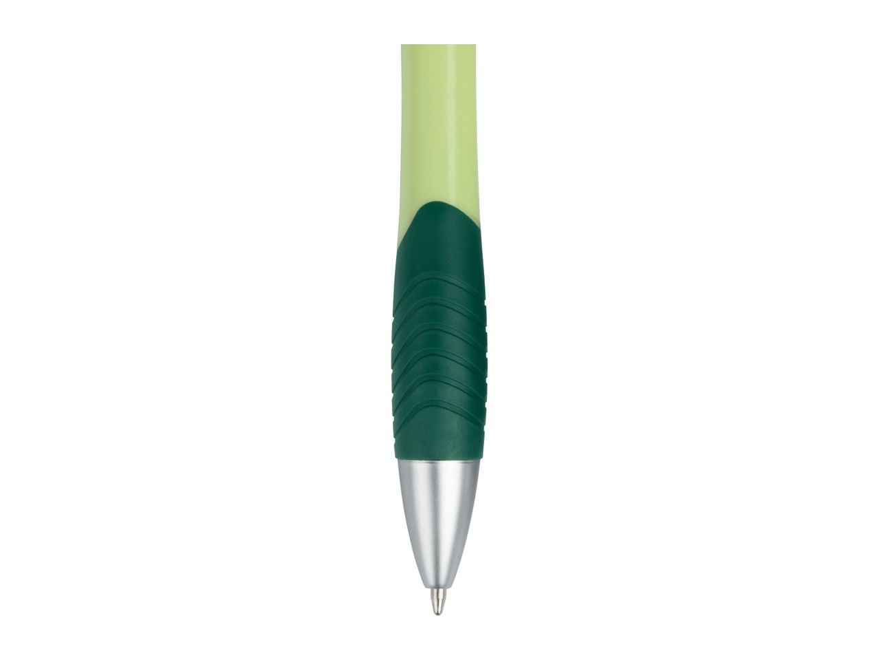 Close-up of a green and light green ballpoint pen with a textured grip.