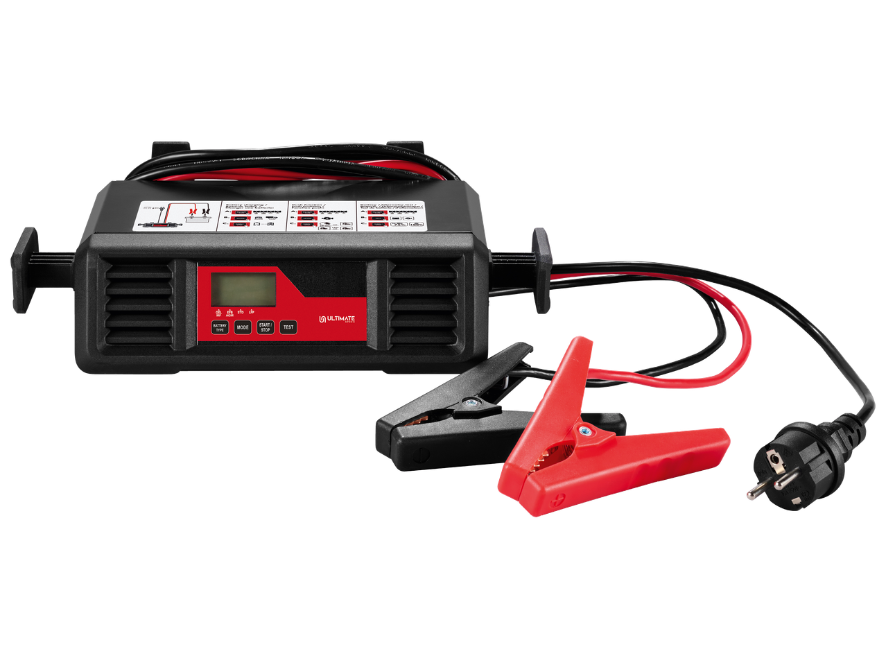 Зарядно устройство за акумулатор с кабели, щипки и щепсел, с дисплей и бутони за управление