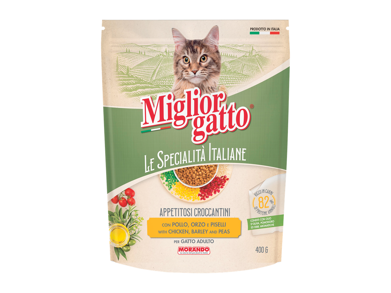 Ambalaj de hrană uscată pentru pisici adulte, cu pui, orz și mazăre, 400g.