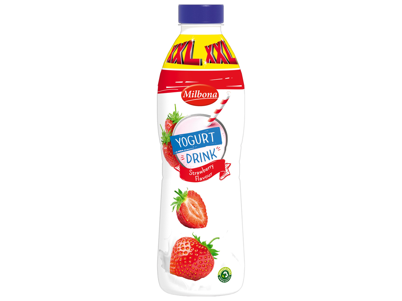 Epres joghurtital XXL kiszerelésben, szívószállal és friss eperrel.