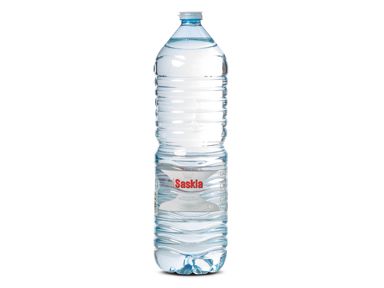 Een fles van 1,5 liter Saskia natuurlijk mineraalwater.