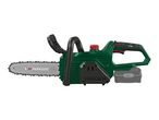 A green and black cordless chainsaw with a silver blade and a gray battery pack.
