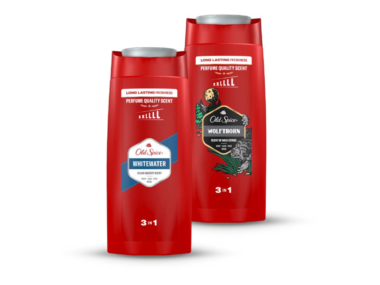 Dvije boce Old Spice 3-u-1 gela za tuširanje, s mirisima Whitewater i Wolfthorn.