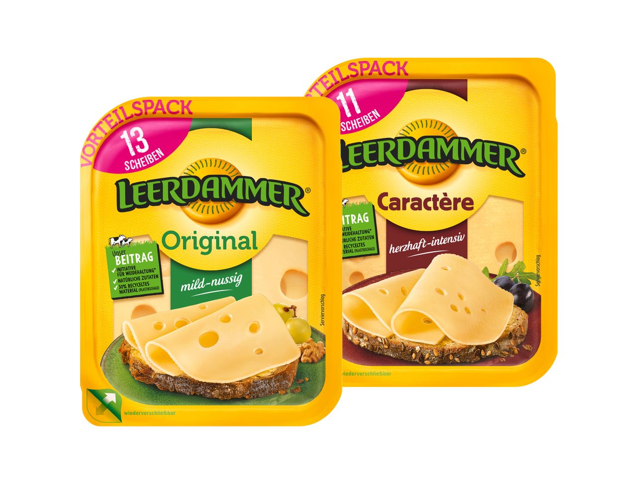 Zwei Leerammer Käsesorten: Original (mild-nussig) und Caractère (herzhaft-intensiv) in wiederverschließbaren Portionsverpackungen.