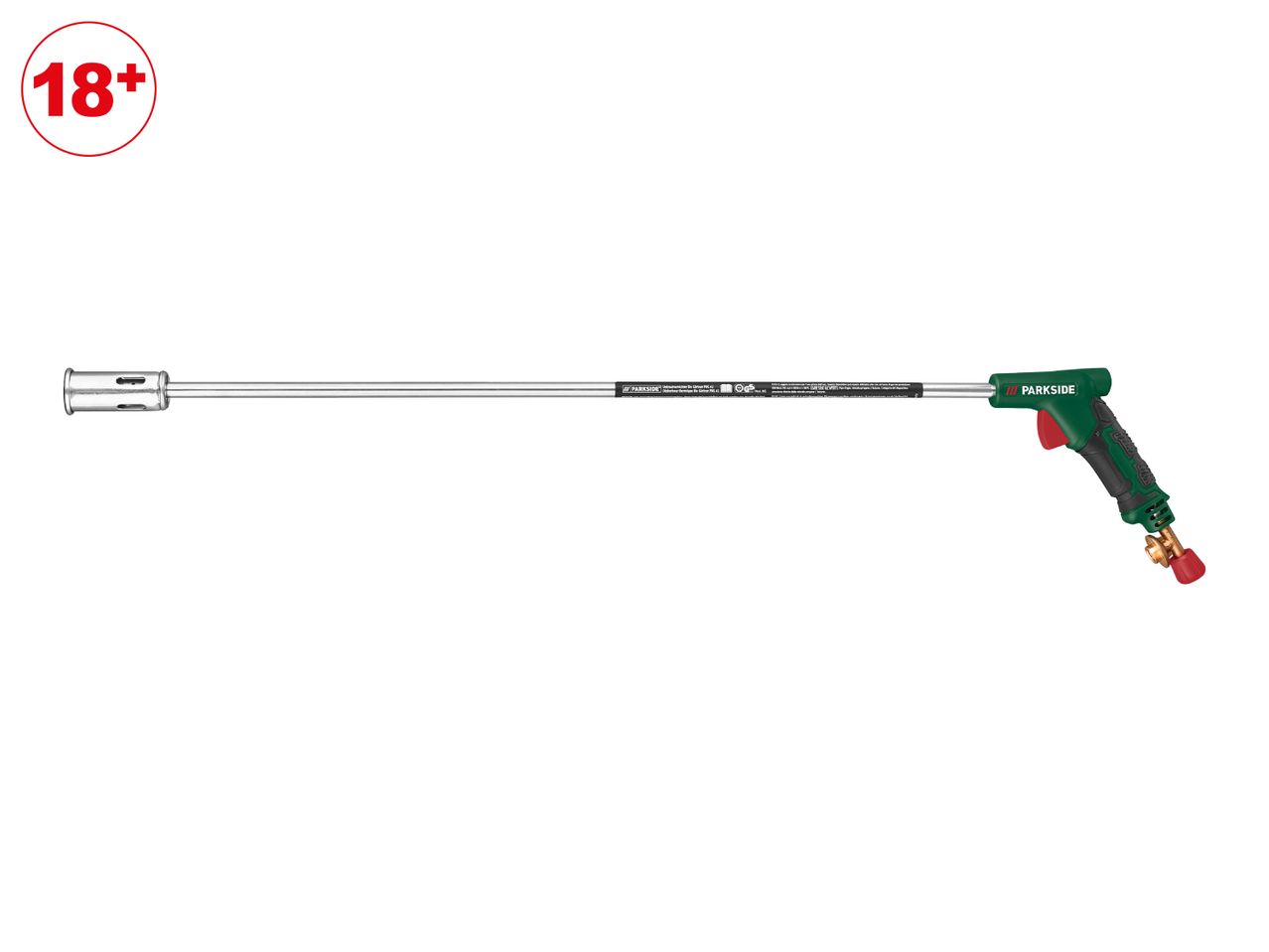 A thermal weed burner with a green and black handle, and a red 18+ age restriction symbol.