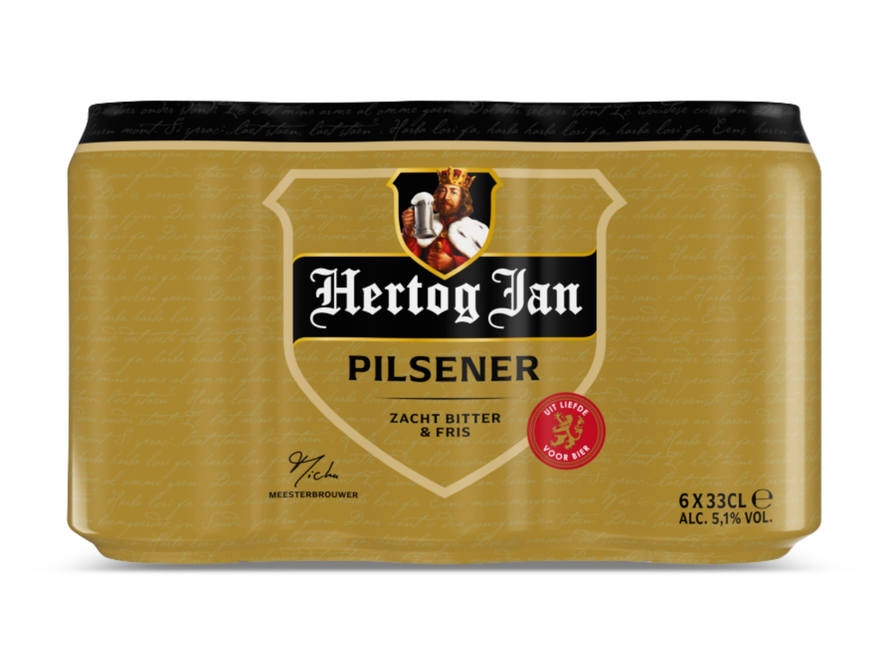 Een goudkleurige verpakking van pilsener bier, 6-pack van 33 cl blikjes.
