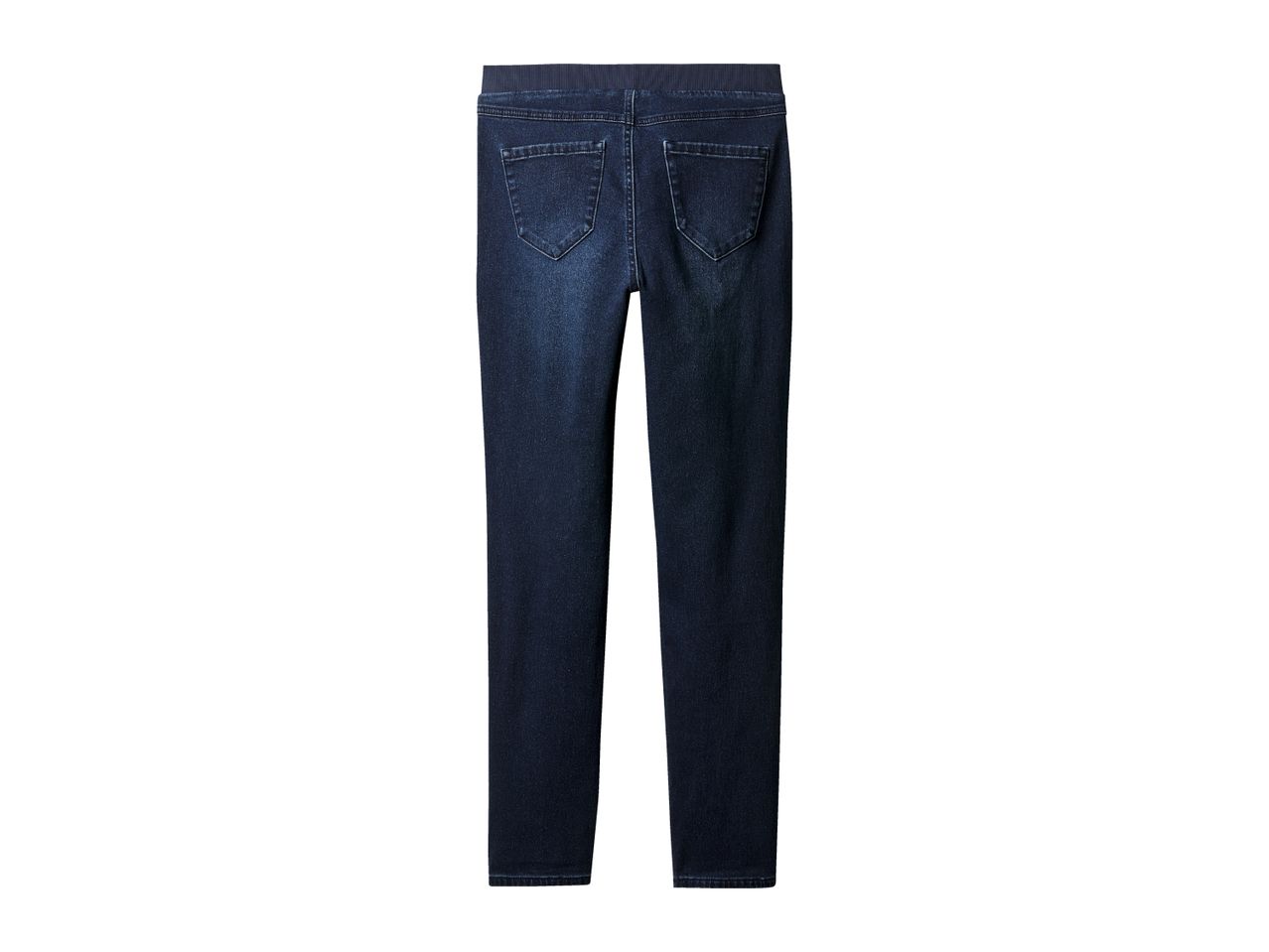 Dark blue denim jeggings with an elastic waistband and back pockets