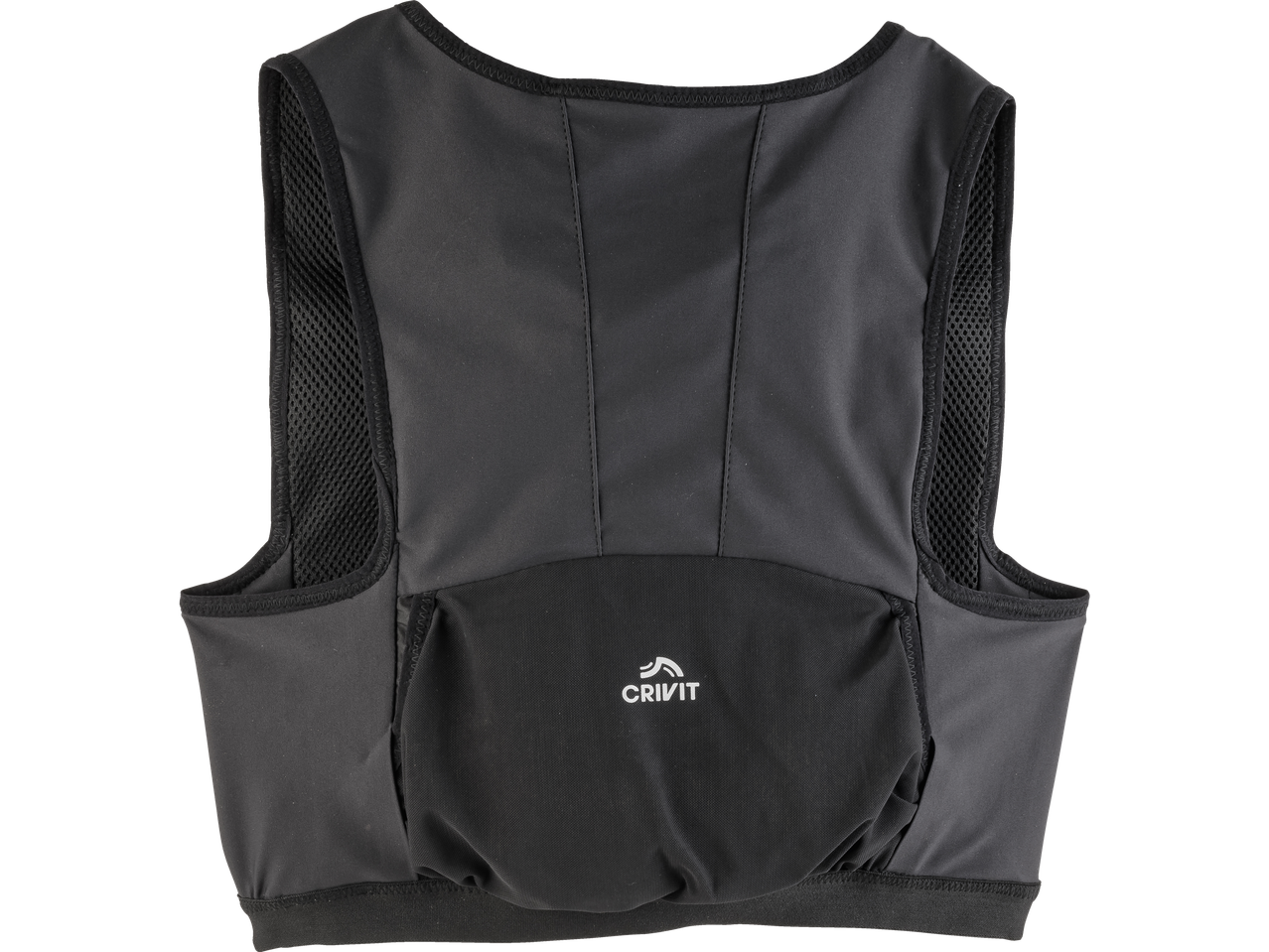 Colete de corrida Crivit preto, com painéis de mesh e bolsos.