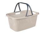 Beige plastic laundry basket with dark gray handles.