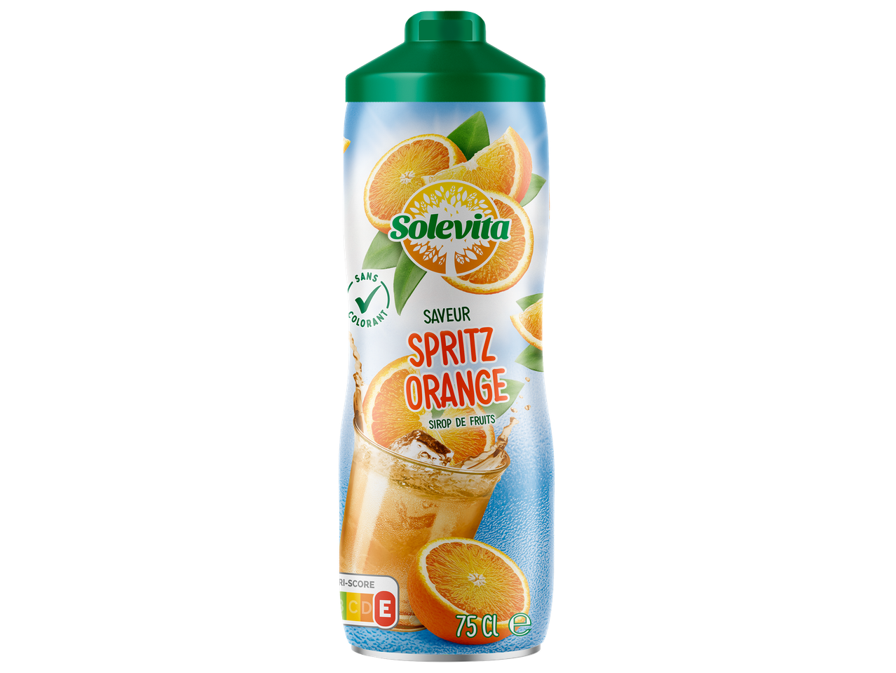 Bouteille de sirop d'orange saveur Spritz, sans colorant, avec un Nutri-Score D.