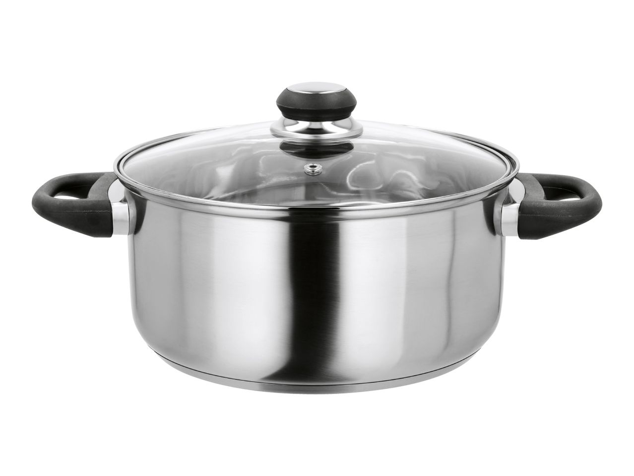 Stainless steel cooking pot with a glass lid and black handles