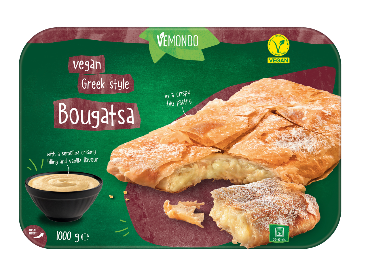 Vemondo Bougatsa vegană în stil grecesc, cu umplutură cremoasă de griș și vanilie, în foietaj crocant.