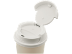 A beige disposable coffee cup with a white lid, slightly ajar.